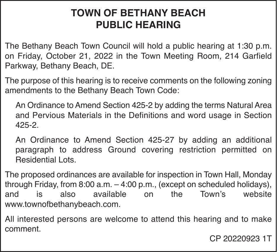 Town of Bethany Beach - Oct 21, '22 Meeting Notice