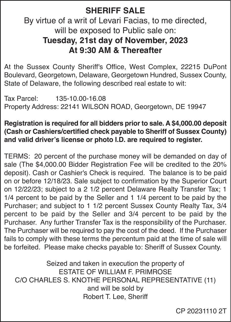 Sheriff Sale Estate of Primrose Legals