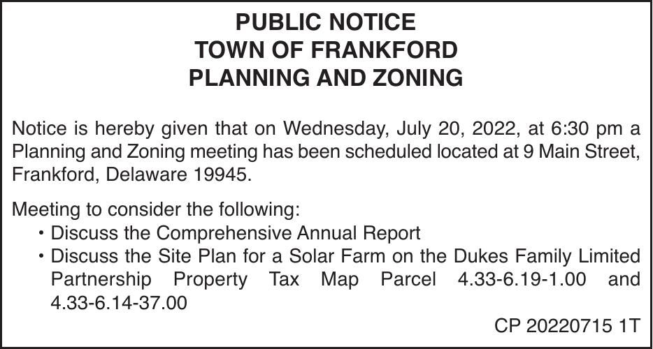 Town of Frankford - July 20, '22 Meeting Notice