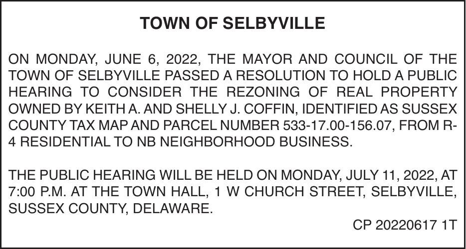 Town of Selbyville - July 11, '22 Meeting Notice