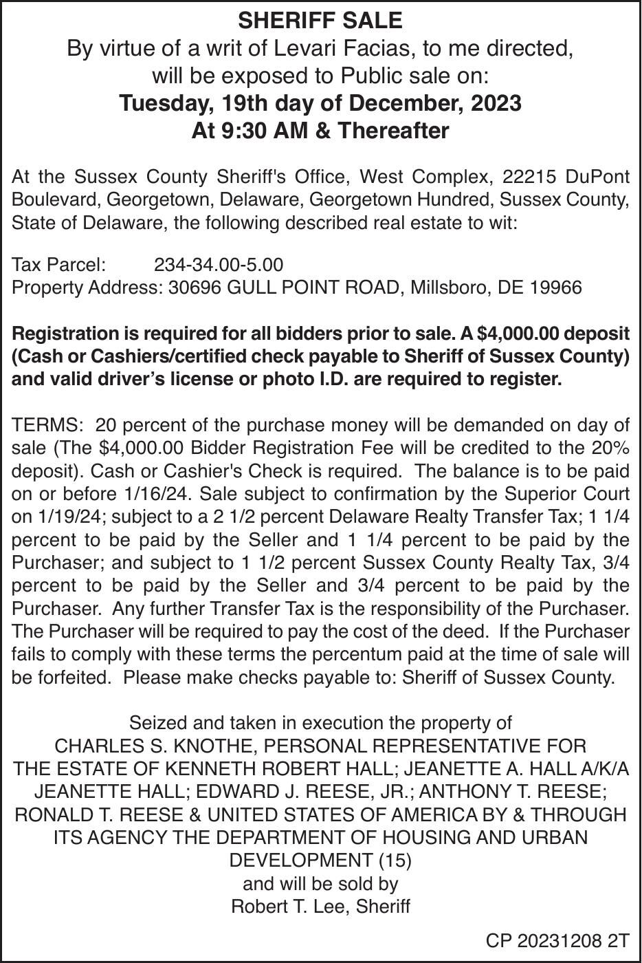 Sheriff Sale Estate of Hall Legals