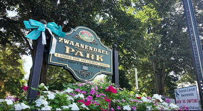 A large green sign for Zwaanendael Park with a teal bow tied to the left side.