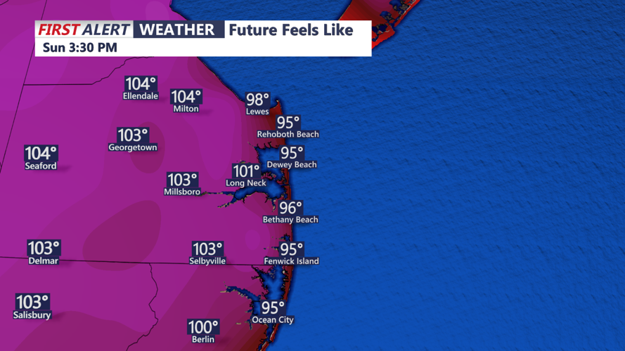 Forecasted Heat Index for Sussex County On Sunday