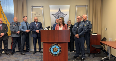 Wicomico County Executive Julie Giordano speaks during a Harford County Sheriff's Office press conference on Monday, Feb. 9. (Harford County Sheriff's Office)