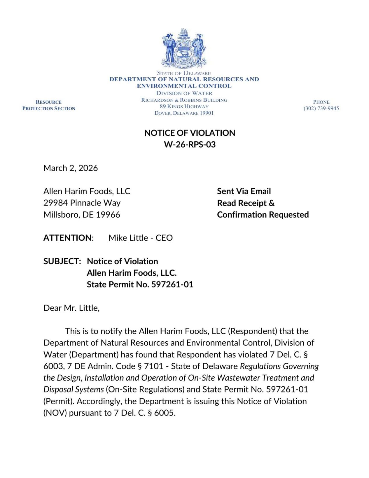 DNREC issues wastewater violation