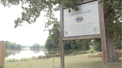 A sign of Griffith Lake the day before construction is set to start.