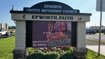 Good Trouble Lives On Rally sign at Epworth United Methodist Church in Rehoboth Beach