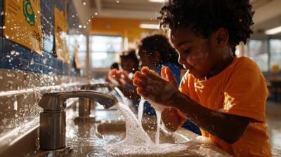 Students washing hands at sink