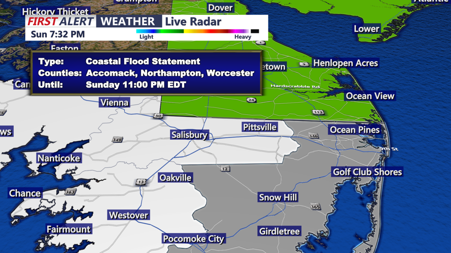 Radar rendered  graphic showing areas under a coastal flood statement from NWS.