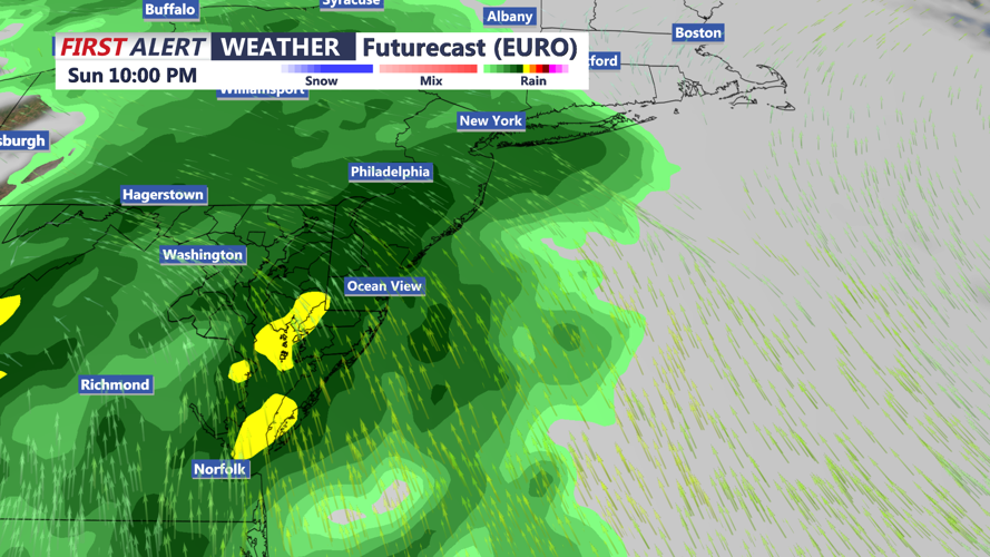 Image shows the threat of rain second half of the weekend.