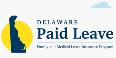 A navy blue outline of Delaware and the text, "DELAWARE Paid Leave Family and Medical Leave Insurance Program"