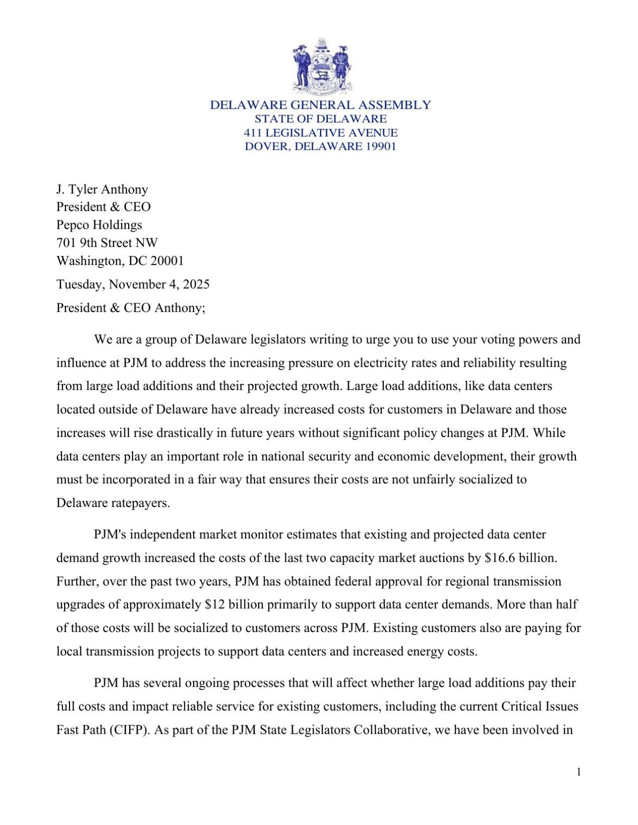 Letter to Delmarva Power