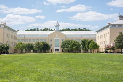One of the main buildings on the Wor Wic Community College campus. flanked by two wings with a grass lawn in front 