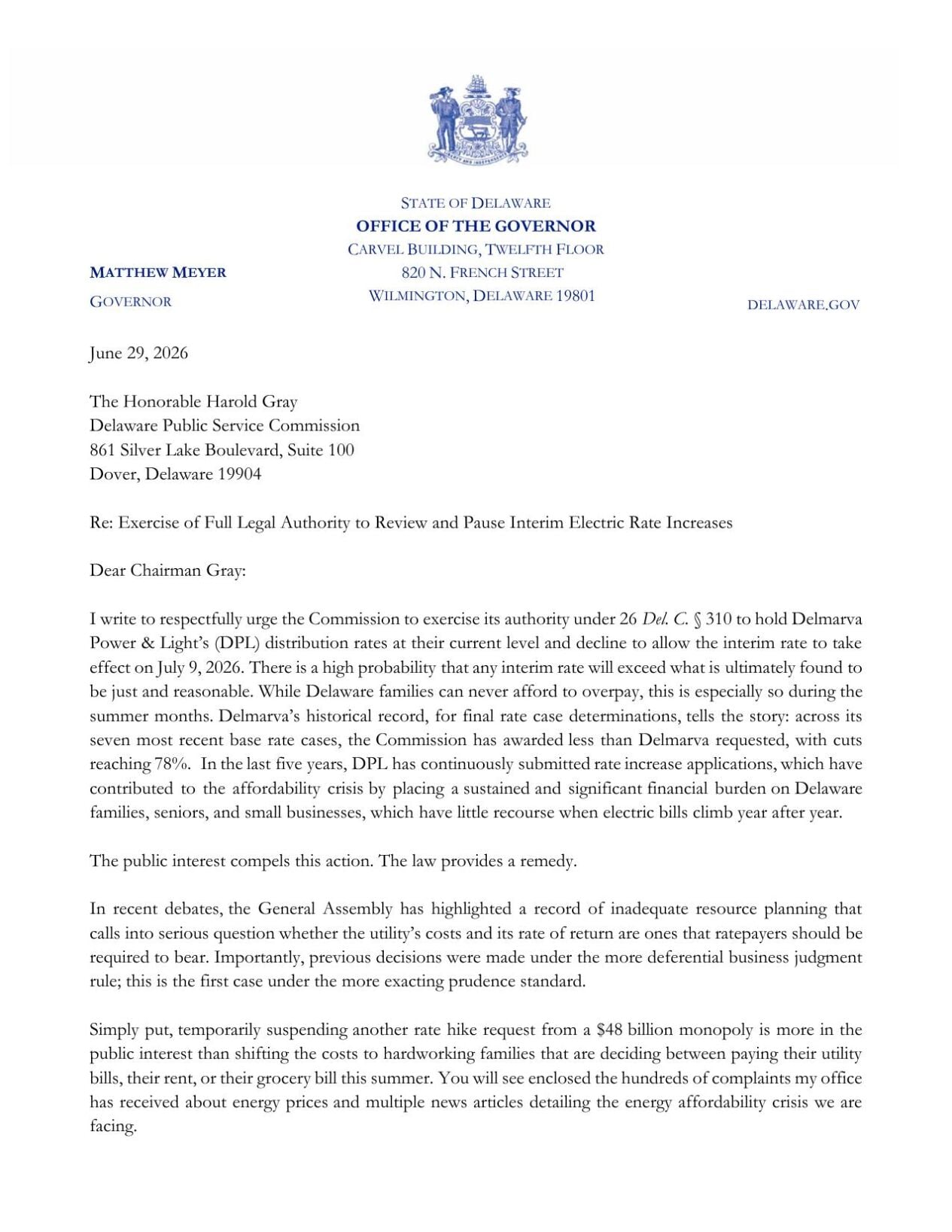 Governor Meyer PSC letter