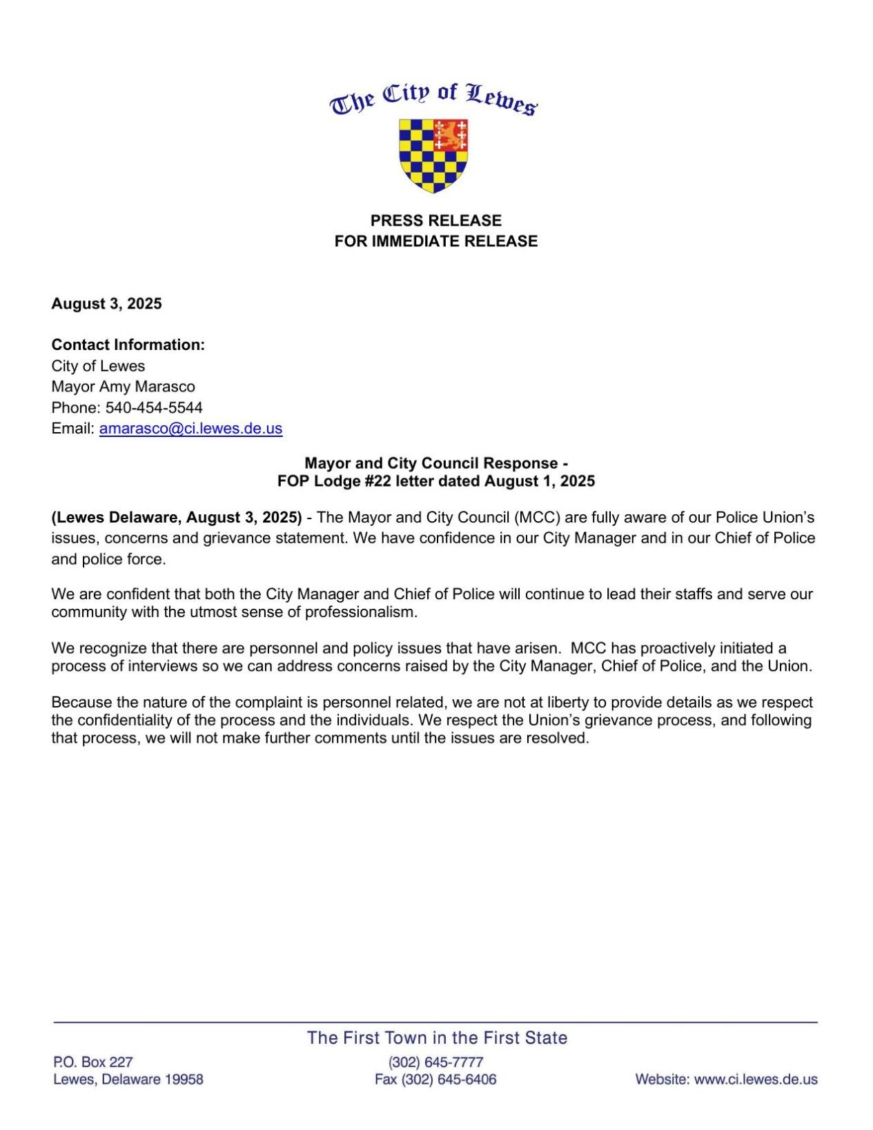 Lewes Mayor, City Council & City Manager response