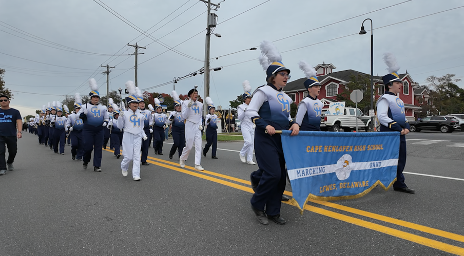 Cape Henlopen High School Marching Band in a parade.