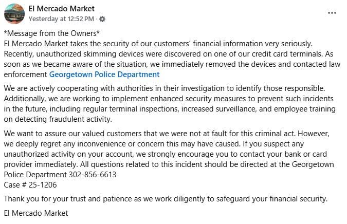 El Mercado Market's statement after finding a skimming device in their store in Georgetown