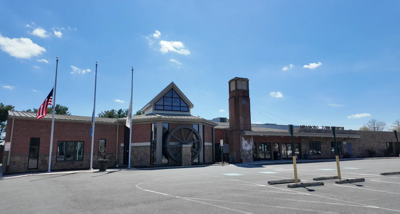The front of the town hall building.