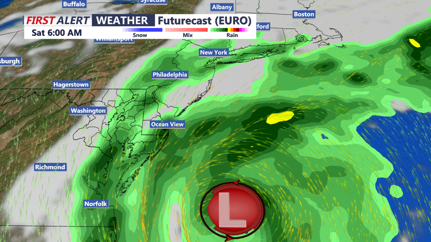 Image shows low pressure tracking to our east Saturday morning. 
