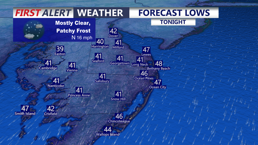 Graphic shows overnight lows on Delmarva.