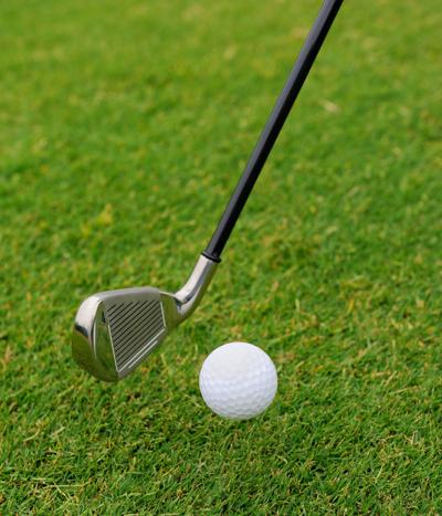 Golf Tee Ball Club Driver In Green Grass Course