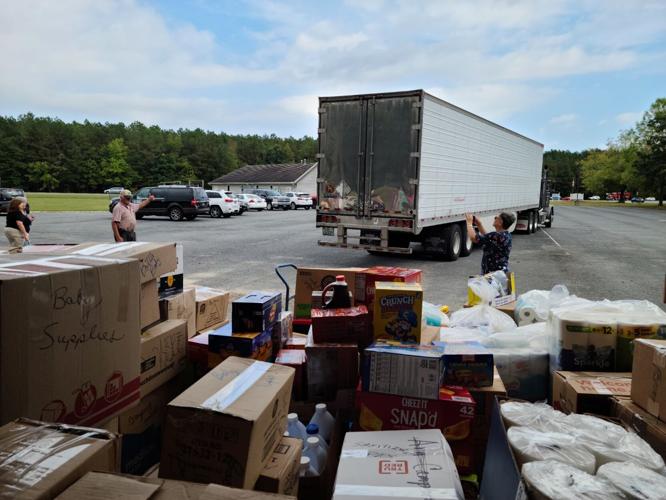 Hurricane relief donations waiting to be loaded into a trailer in Georgetown
