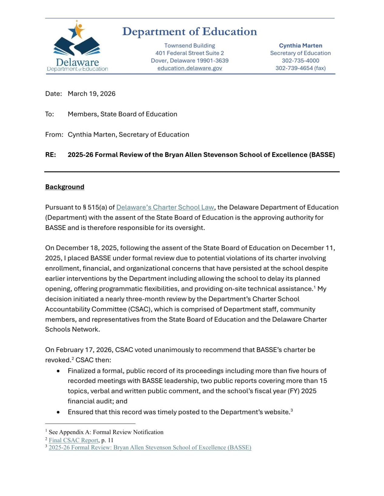 Decision from Delaware Department of Education