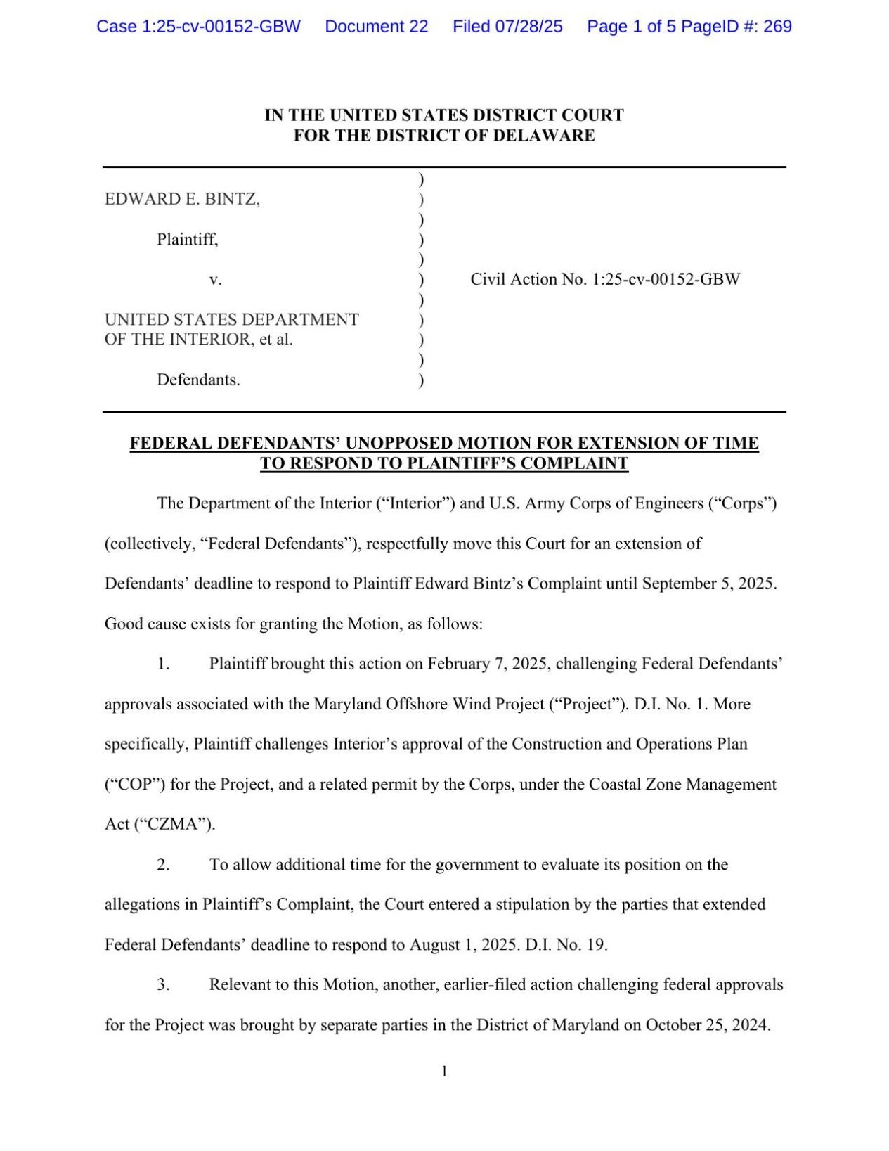 Bintz v. United States Department of the Interior, et al.
