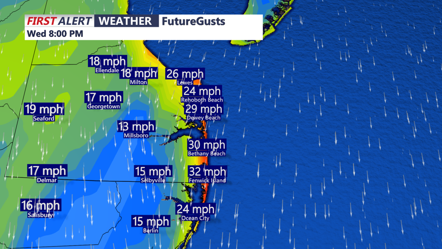 Graphic shows wind gusts on Delmarva today.