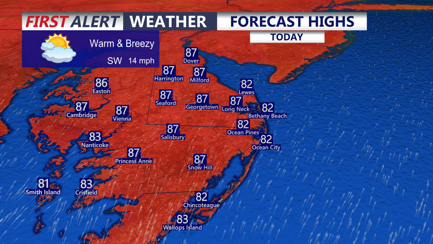 Picture depicts forecast highs on the Delmarva peninsula.