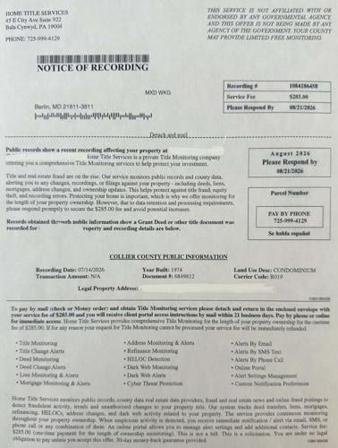 A scan of a home title service scam.