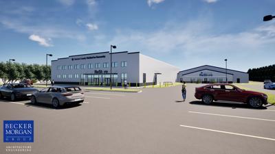 rendering of building with three cars in parking lot