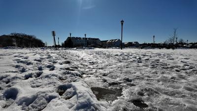 Icy walk way at Plantation Lakes in Millsboro