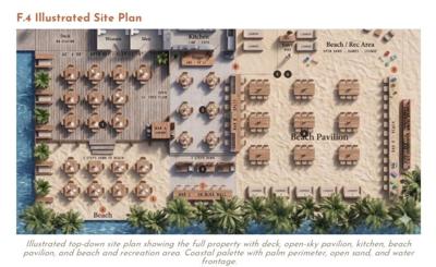 The concept plans for the Bent Palm, which was approved to replace Northbeach at the Mckinley St. site in Dewey Beach.  It shows outdoor seating on the Rehoboth Bay beach along with a bar.