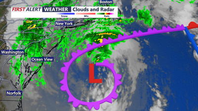 A radar map showing the storm off the coast.