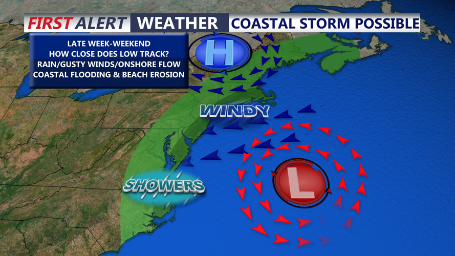 Graphic shows the threat of a coastal storm late week. 
