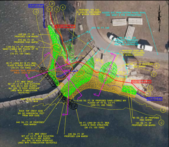 A satellite image with multi color markings demonstrating plans for the living shoreline.