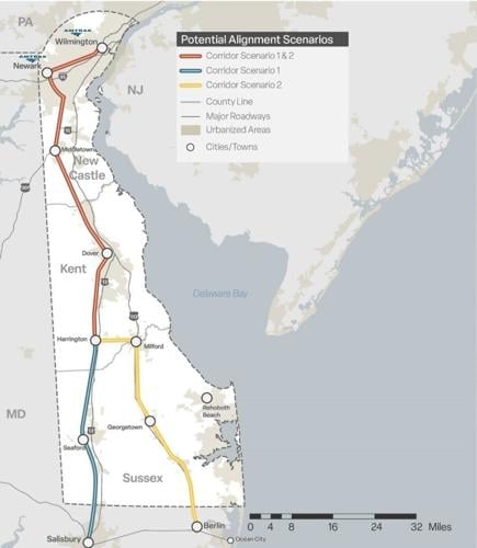 A map of Delaware showing where the potential lines would go.