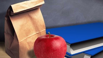 Brown paper bag lunch and an apple
