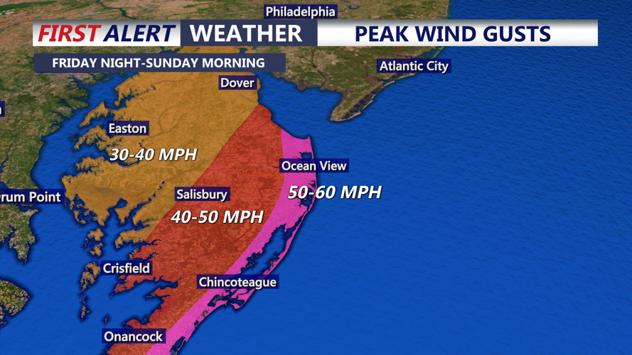 Graphic shows expected wind gusts through Sunday.