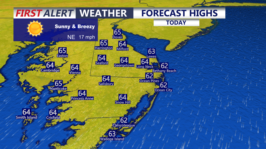 Image shows highs on Delmarva today.
