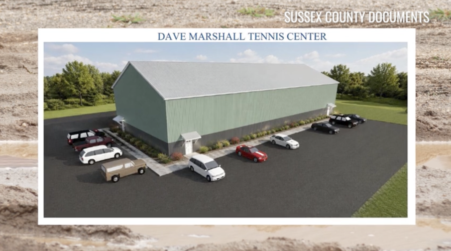 Rendering of the courts with a parking lot around each corner.