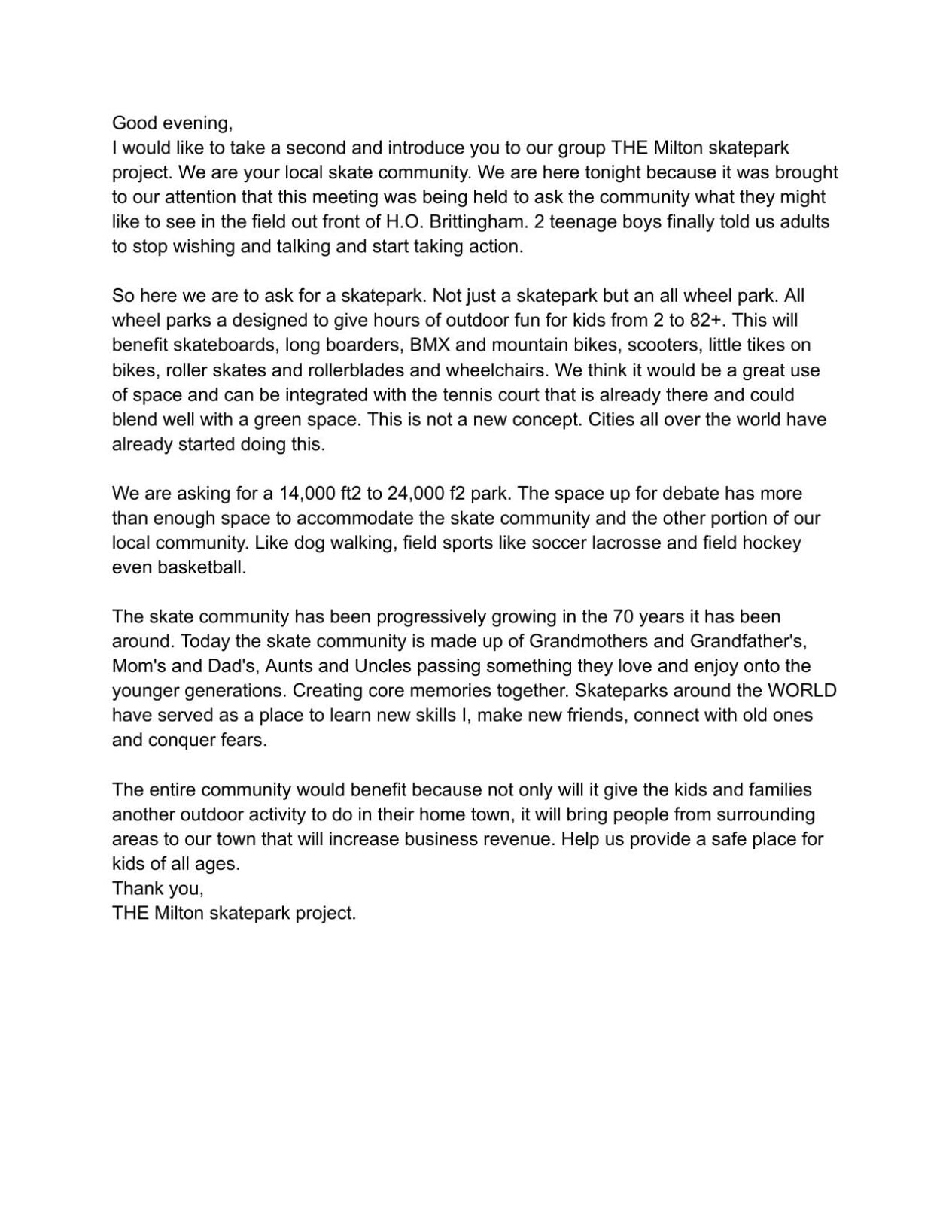 milton skate park project letter
