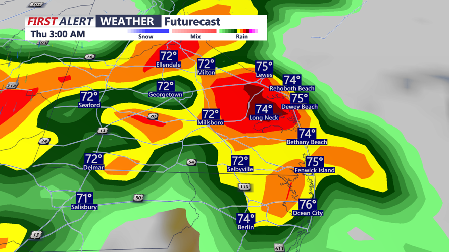 Future radar depiction of what to expect (precipitation) across Sussex County