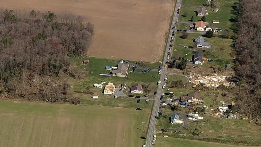 Some helicopter shots over Greenwood and Bridgeville earlier today show a clear path from the tornado demolishing some buildings without touching others nearby.