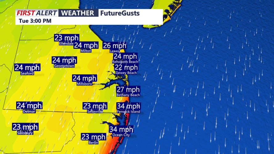 Image shows future wind gusts today.