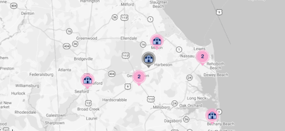 A map of Sussex County with icons identifying shelters nearby.