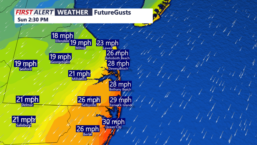 Image shows wind gusts on Delmarva Sunday.