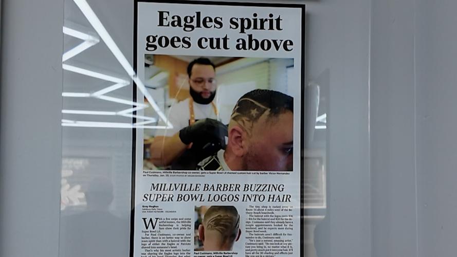 Eagles haircut sign in Millville Barbershop