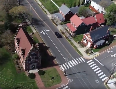 An aerial view of the Zwaanendael Museum in Lewes.